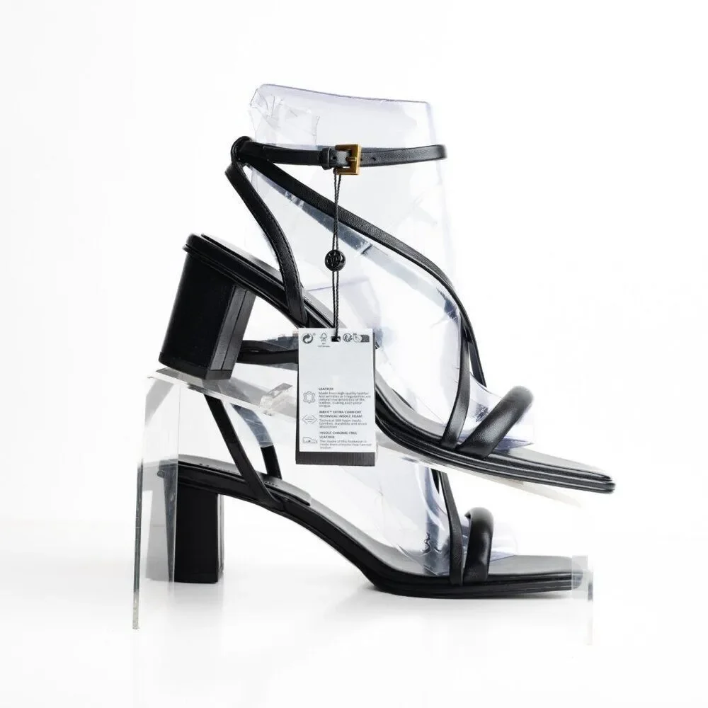 Massimo Dutti Strappy Leather Block Heel Sandals EU 40 US 9 Black 1602/250 NWT